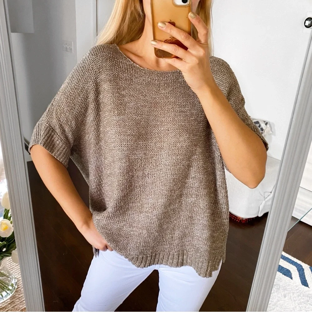🐚 CASUAL TAN LOOSE FIT KNIT SHORT SLEEVE SWEATER!
